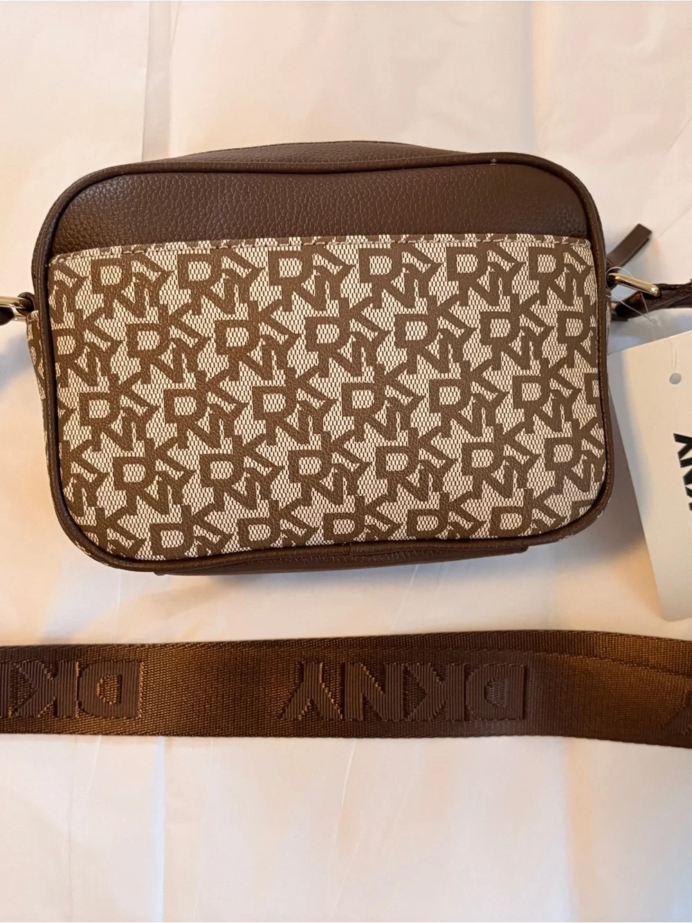 NWT DKNY Logo Crossbody Camera Bag Monogram Brown Chino/Chocolate